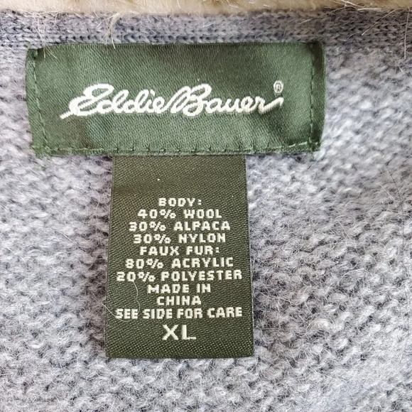 Eddie Bauer Sweater Vest Women XL Gray Faux Fur Trim Zip Wool Alpaca Blend Cabin - Picture 5 of 14